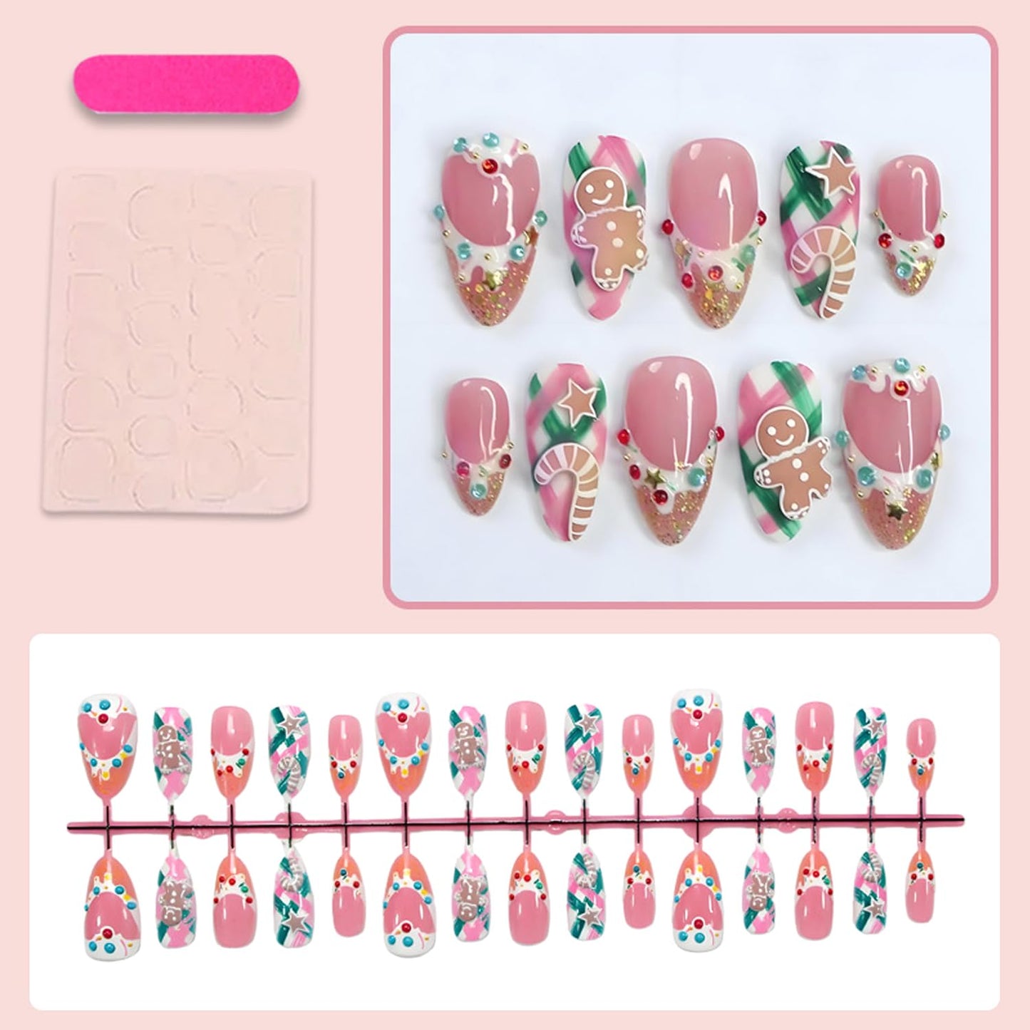 Christmas Press on Nails Medium Almond Fake Nails Cute Gingerbread Man Candy False Nails Gold Glitter French Tip Glue on Nails with 3D Rhinestones Gold Beads Star Charms Designs for Women 30Pcs