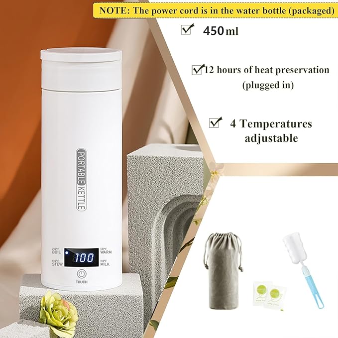 Electric Travel Kettle, Portable Kettle for Trave, Small Electric Tea Kettle, with 4 Variable Presets, Personal Hot Water Boiler, 450ML- 304 Stainless Steel (White）