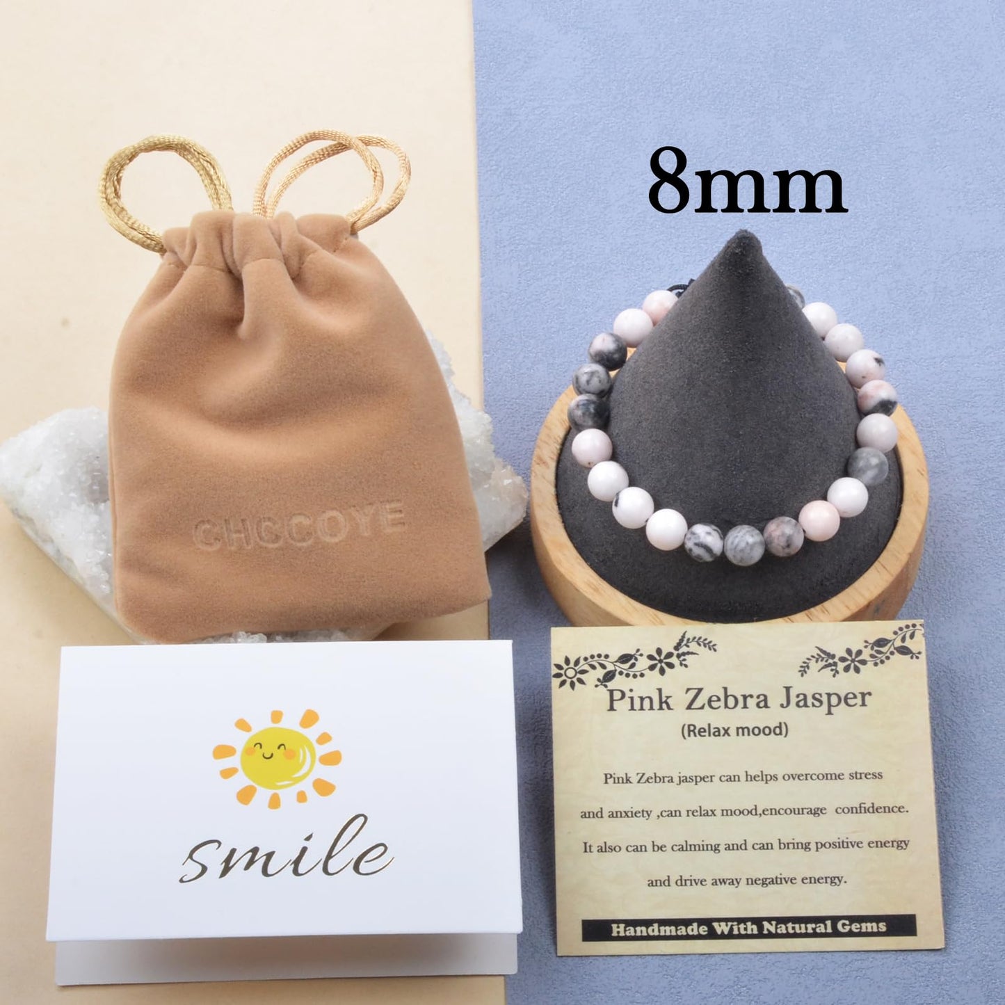 CHCCOYE 8mm Handmade Adjustable Natural Gemstone Crystal Bracelet Healing Power Energy Inspirational Gifts with Card for Unisex (Pink Zebra Jasper)