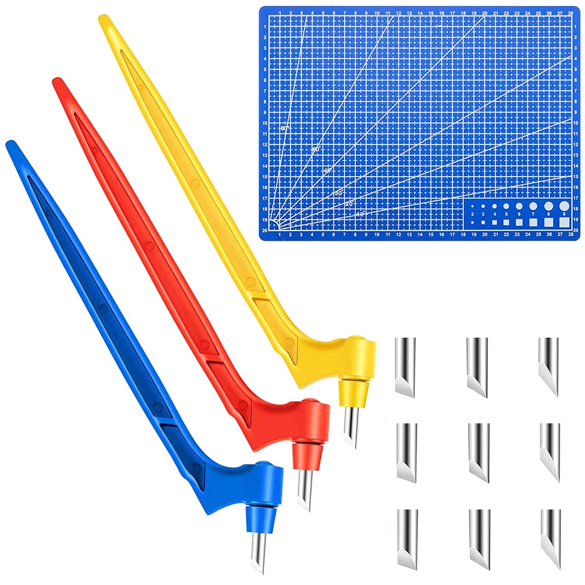 Craft Cutting Tools Kit Set of 3 ，360 Degree Rotating Cutting Tools Art Cutting Tools with Cutting Pen, 15°, 30°, 45° Blades Cutting Mat for DIY Craft Hobby Scrapbook Stencil(Yellow, blue and red)