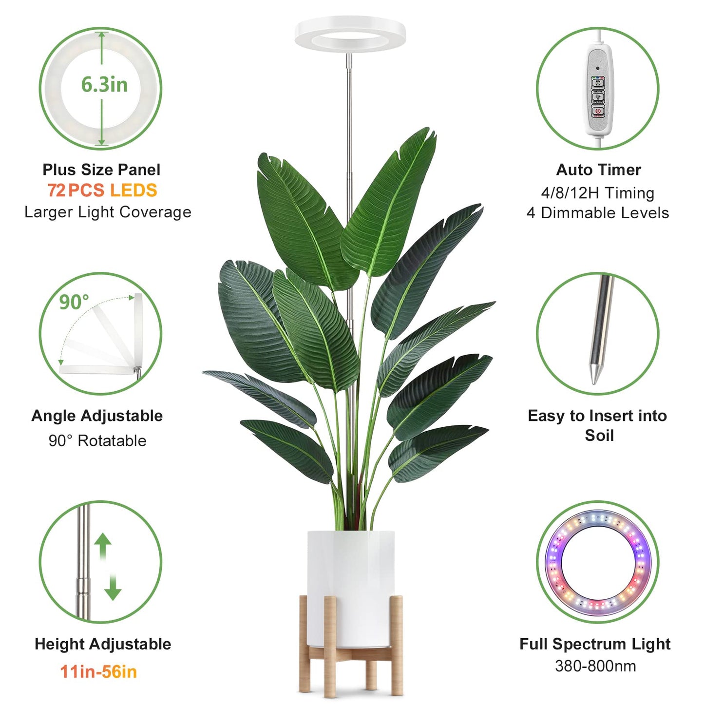 LBW Plant Grow Light, 72 LEDs Full Spectrum Grow Lights for Indoor Plants,Large Grow Lamp with 4/8/12H Auto Timer & 4 Dimmable Brightness, Height Adjustable, Ideal for Tall Plants,White
