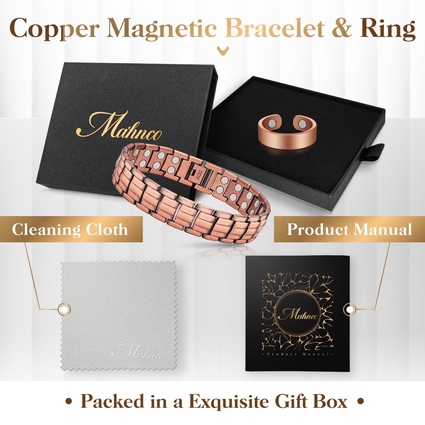 Copper Bracelets for Men & Lymphatic Drainage Ring, Magnetic Copper Bracelet with Double Row Magnets, Mens Bracelet Adjustable Length with Remove Tool
