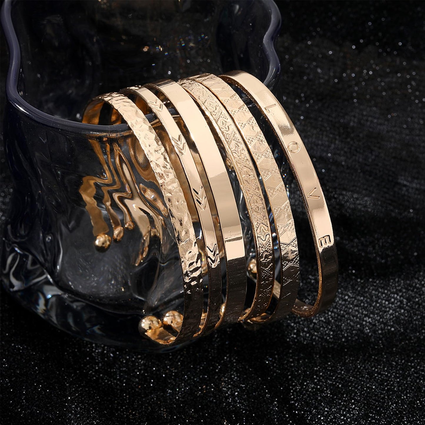 IFKM Gold Bangle Bracelets For Women, 14k Gold Plated Multi Layer Stackable Cuff Bracelet Set, Trendy Elegance Charms Non Tarnish Minimalist Textured Boho Jewelry Gift (6pcs Love)