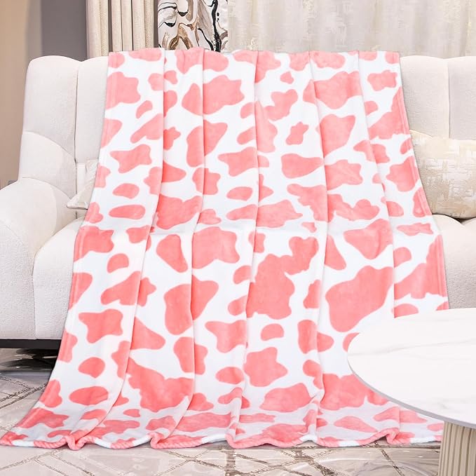 Strawberry Pink Fleece Blanket - Cute Soft Cow Print Throw for Bedroom Decor - Lightweight Warm Fuzzy All-Season Use 50"x60"