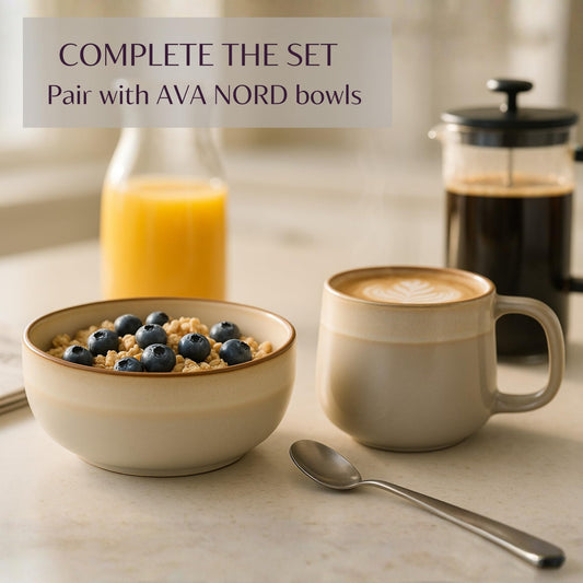 Ava Nord Ceramic Coffee Mugs Set of 4 | 12 oz Stoneware Coffee Cups | Lead-Free, Non-Toxic | Microwave and Dishwasher Safe | Comfortable Handle | Aesthetic Nordic Design for Tea and Latte | Sage Ash