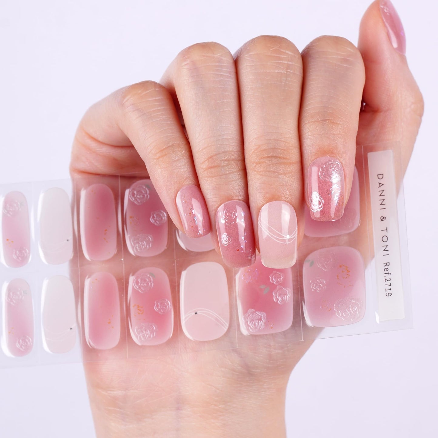 DANNI & TONI Semi Cured Gel Nail Strips Floral (Petal Kiss) Pink White Ombre Gel Nail Wraps 28 Stickers