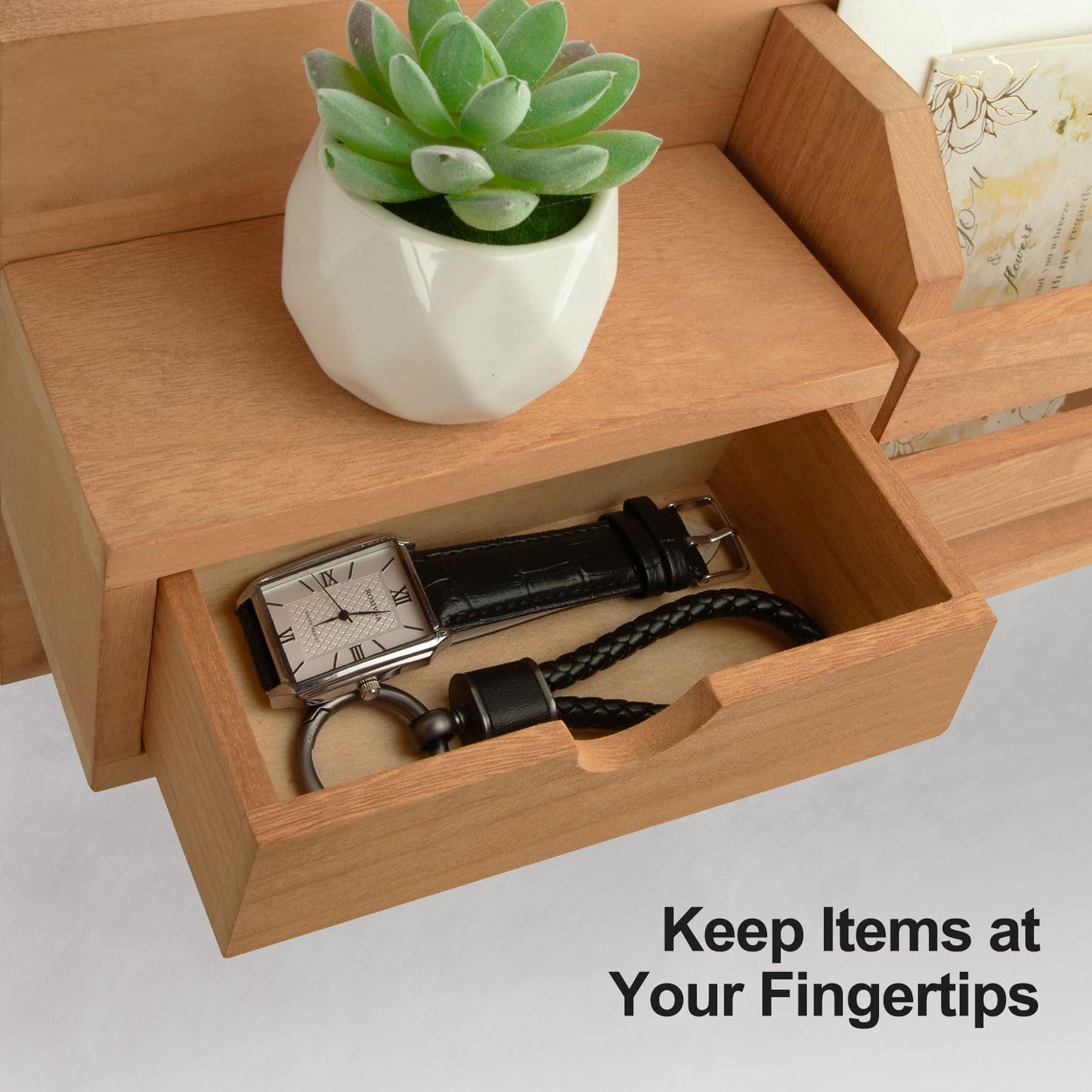 Lwenki Wall Mount Key Holder with Mail Organizer, 100% Paulownia Wood, 7 Metal Hooks, Storage Drawer, Entryway Home Decor