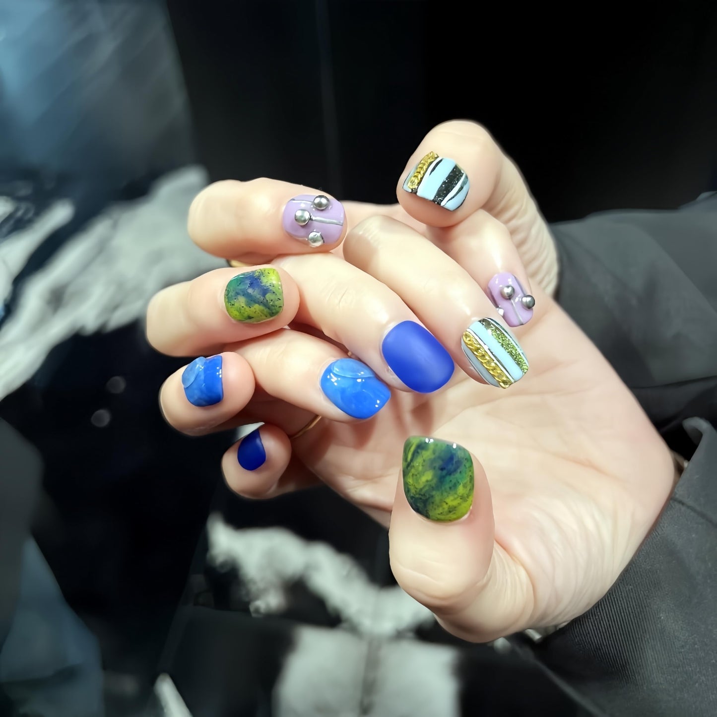 Fine Point Handmade Press-On Nails Set, Short Squoval, Funky Cobalt Blue Aura Green Swirl, 3D Stud Accent, Designer Artistic Novelty, Pop-Star Showgirl, Cosmic Coquette Mothers Day Gifts (Size Small)