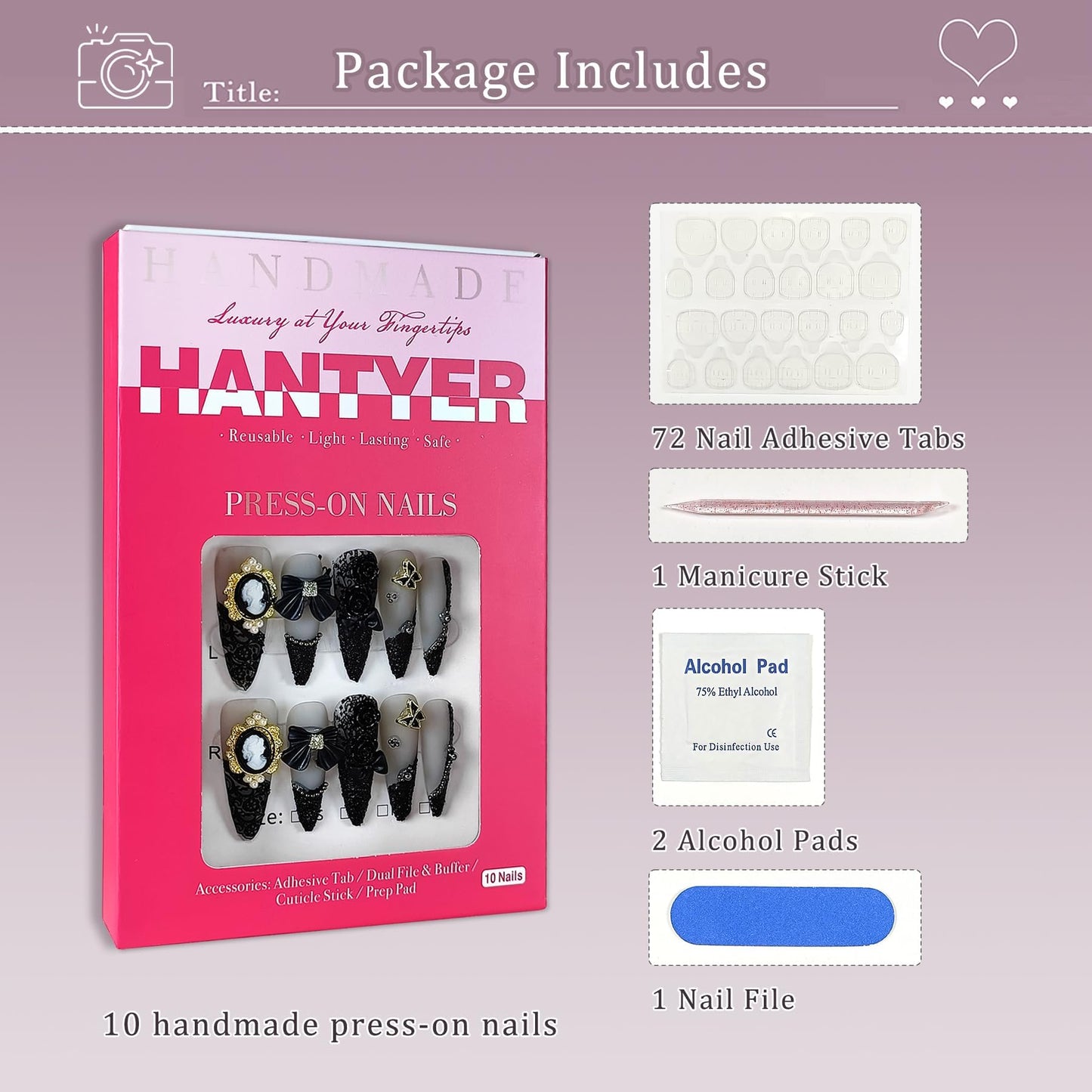 Hantyer Gothic Press on Nails, Long Stiletto Matte Nails, Baroque Cameo & 3D Camellia Design Salon Quality, Reusable Nails with Bow Steel Beads Accents, Dark Princess Style for Women(Size L)