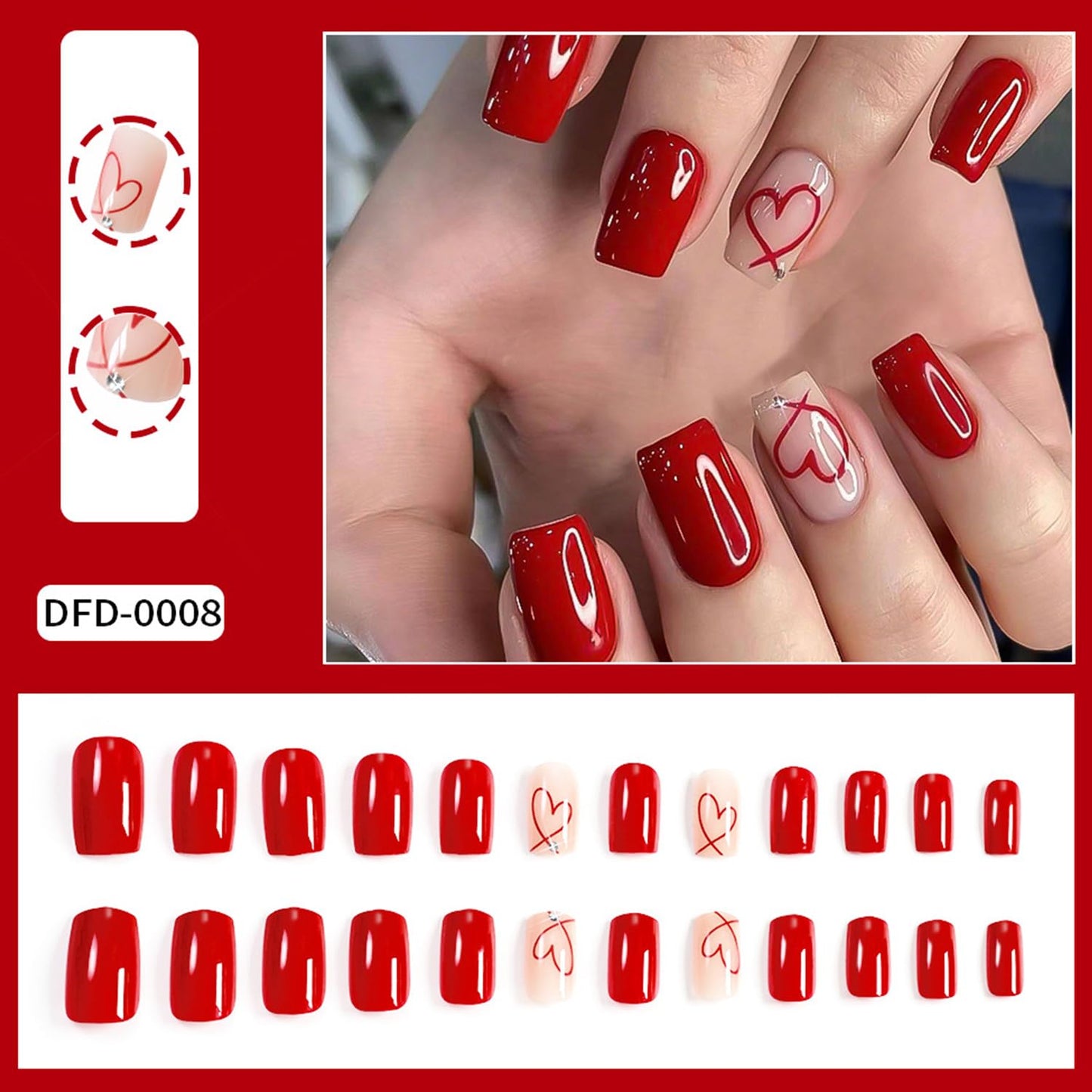 Valentines Press on Nails Short Square Artificial Acrylic False Nails Translucent Red Love with Rhinestones Full Cover Glossy Heart Stick on Nail Artificial Fingernails for Women Festival Manicure