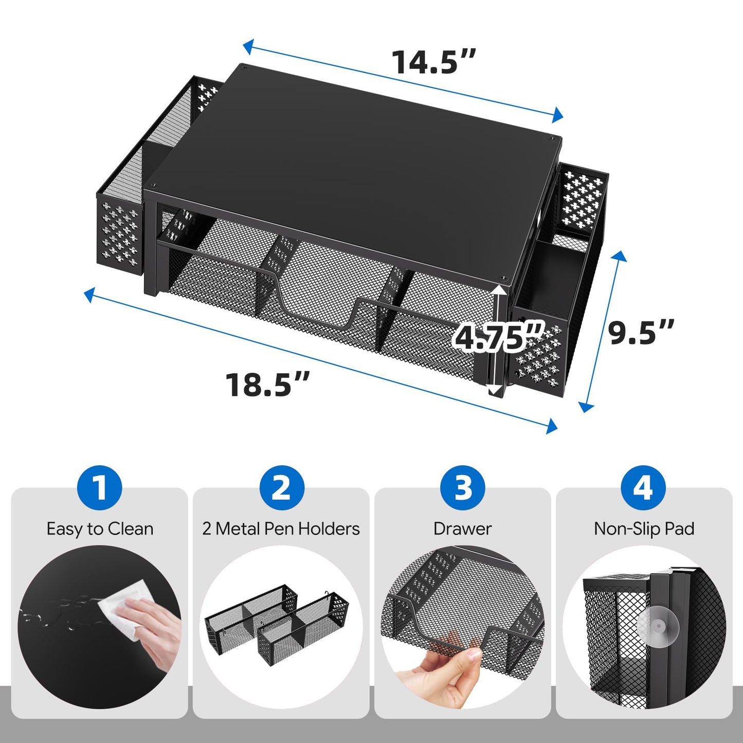 Simple Trending Desk Organizer and Accessories, Computer Metal Monitor Stand Riser with Drawer and Pen Holder for Laptop, Computer, iMac, Black