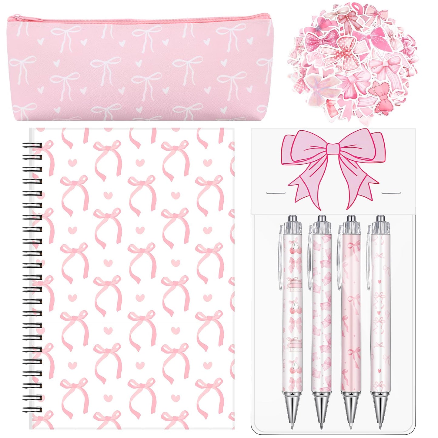 Sayglossy Pink Bow Stationery Gift Coquette School Supplies Set Include Pens Aesthetic Journal Notebook Pencil Case and Stickers Pink Bow Preppy Back to School Supplies for Girl Students