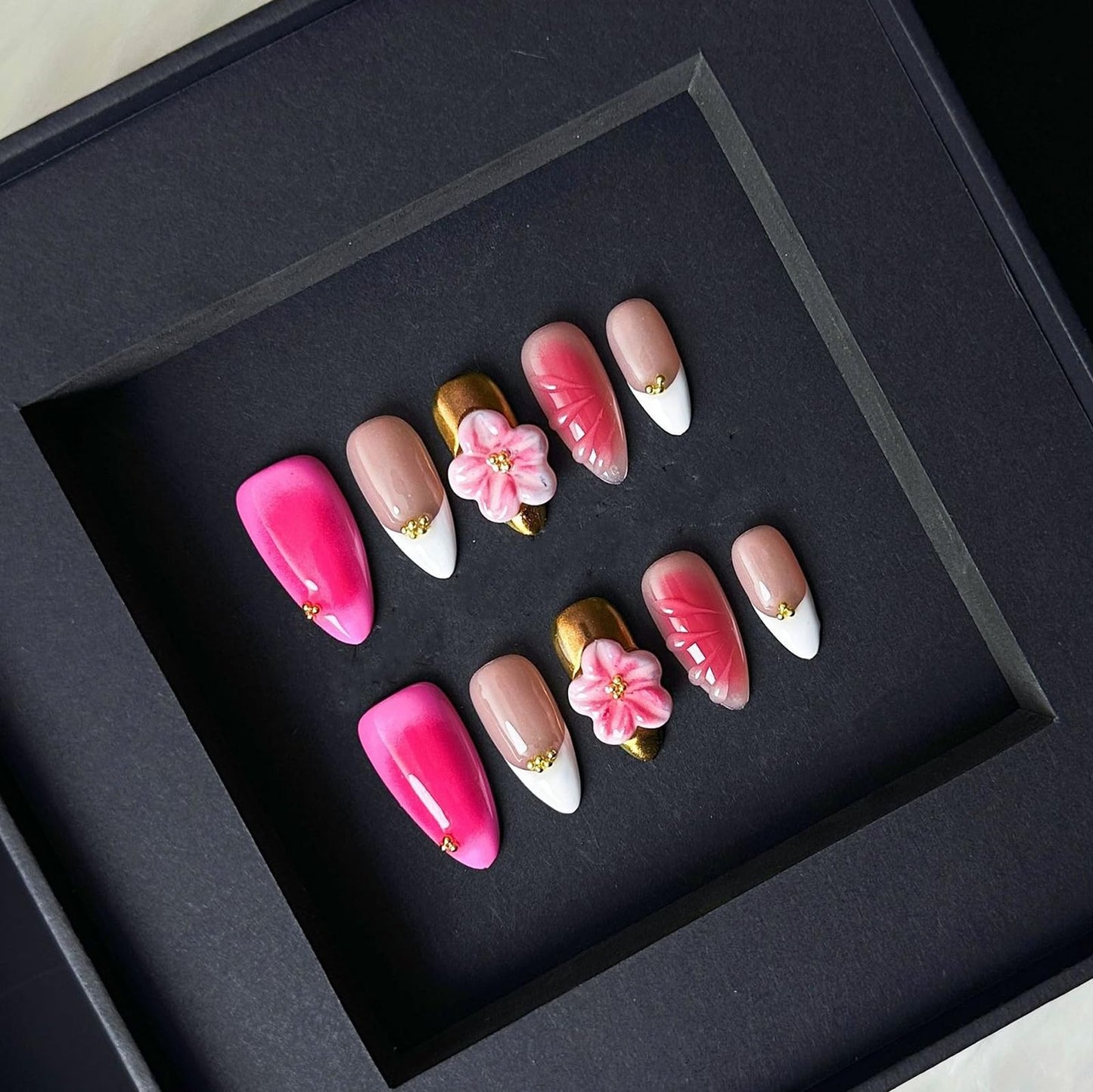 Luxury Press on Nails Medium Almond Handmade 3D Unique Reusable ABS Material Fake Nails White French Tip False Nails with Designs Pink Flower Art Petal Glossy Glue on Nails Thick Acrylic Nails(M)