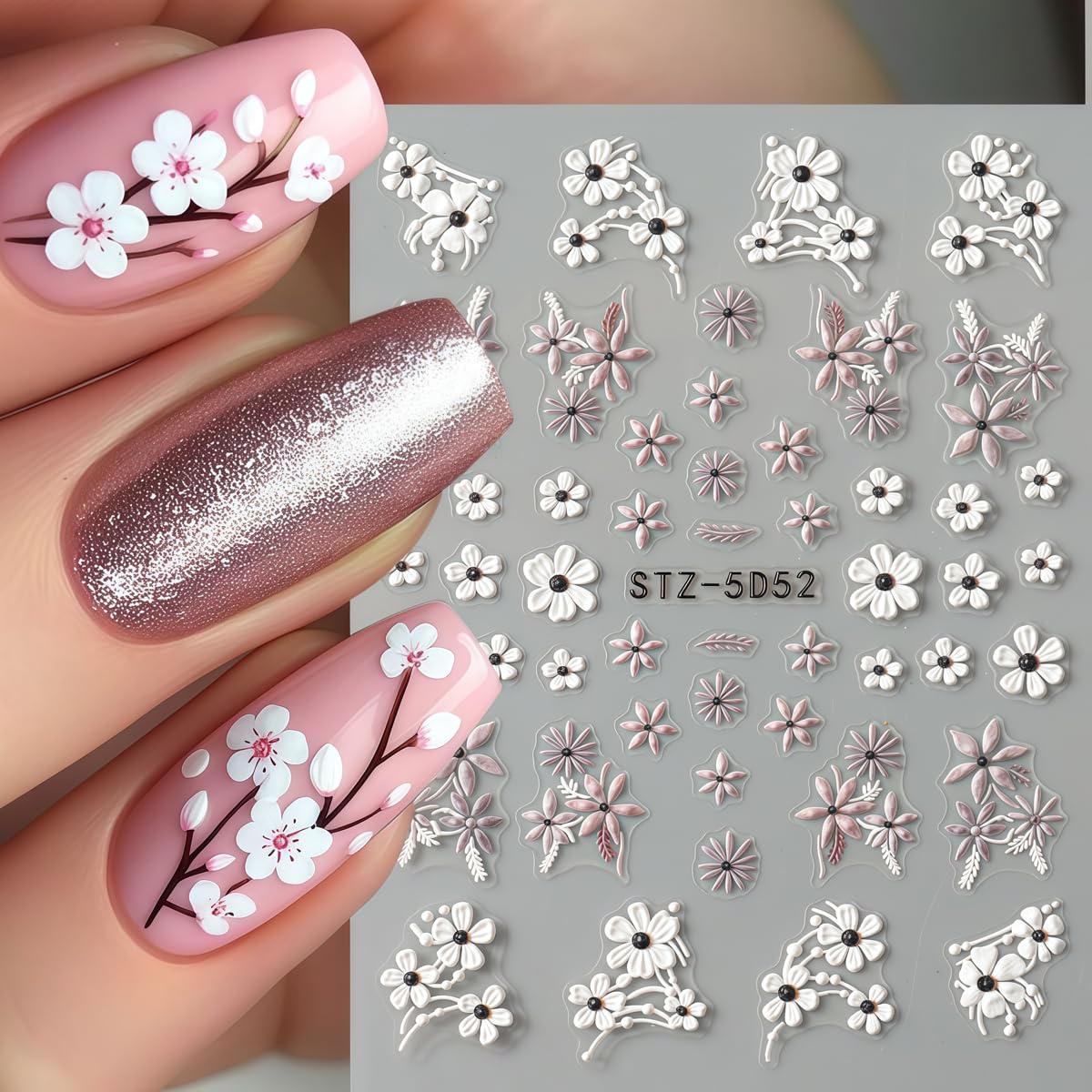 3 Sheets Flower Nail Art Stickers Decals 5D Self-Adhesive Nail Decals Spring/Summer White Fringed Iris Designs, Self-Adhesive Decals for Women's Nail DIY Decoration
