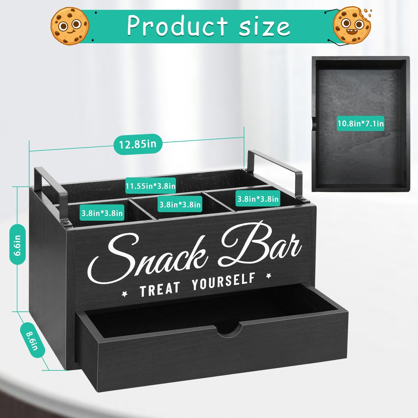 Snack Organizer for Countertop, Wood Pantry Storage Bins with Handles, Snack Bar Organizer for Kitchen, Office, 4 Compartment Food Container Snack Box with Drawer, Pantry Organizer for Chips, Candy