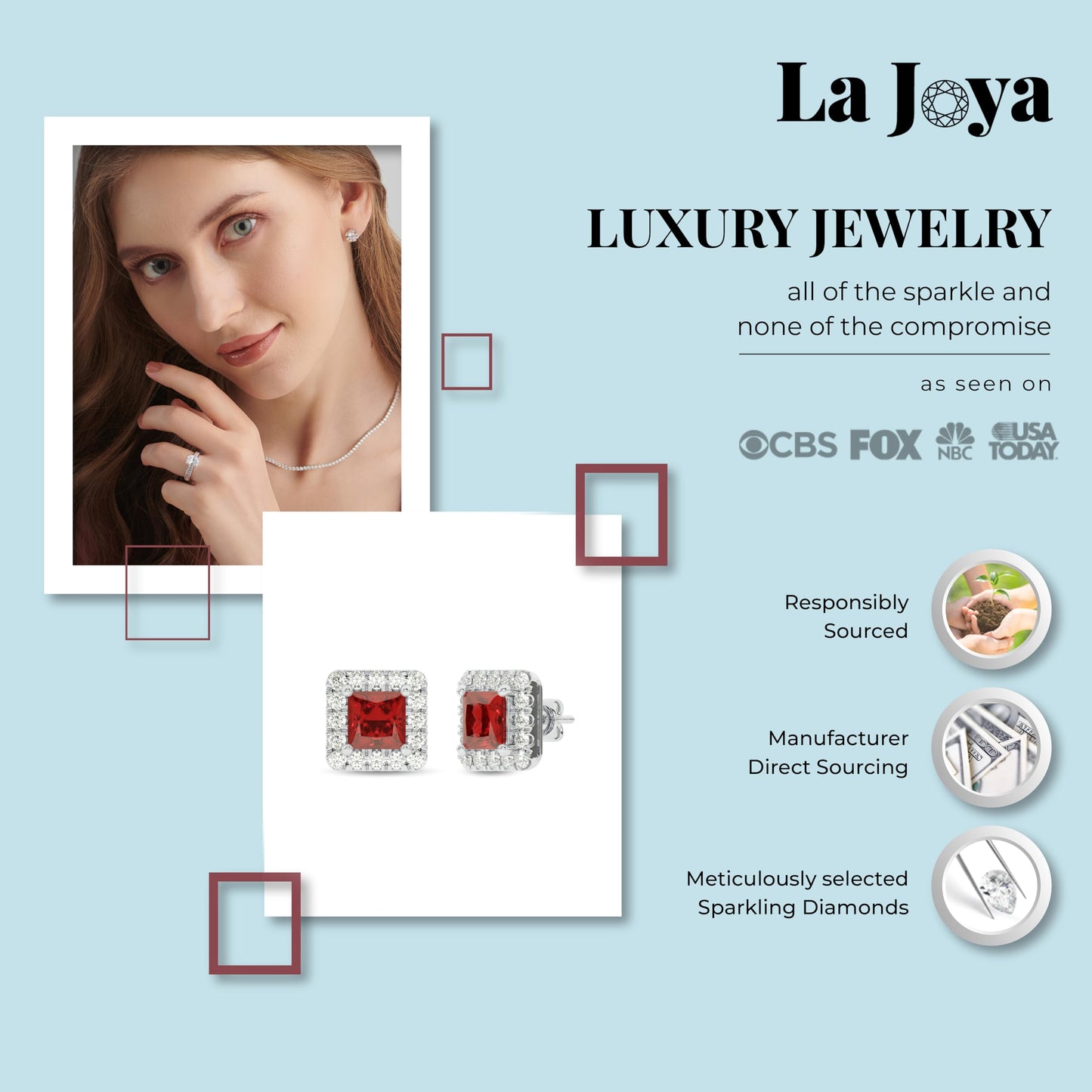 Diamond and Ruby Stud Earrings for Women | 10KT Pure White Gold Halo Earrings | 3/8 CT. TW Lab Grown Diamond and 1 1/4 CTTW Princess Cut Lab Created Ruby Earrings