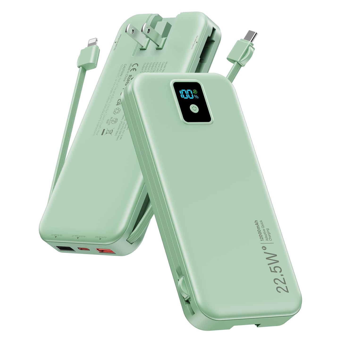 Portable Charger, 12000mAh 22.5W Fast Charging Power Bank with Built-in Cables & Wall Plug, Travel Essentials Battery Pack with LED Display, USB C External Battery Bank for iPhone iPad, Samsung Green