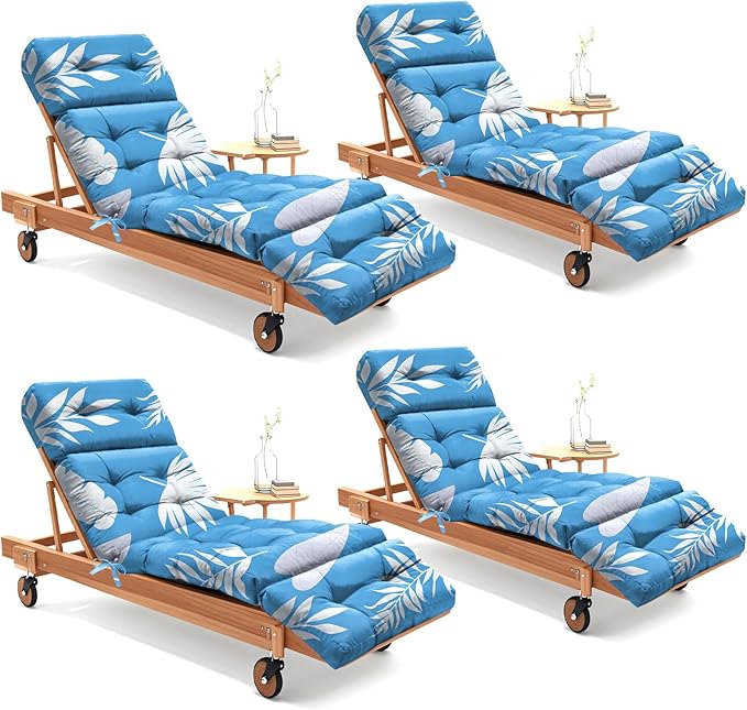 4 Pack Outdoor Chaise Lounge Chair Cushion 75.1 x 22.8 x 4.7 Inches 100% Waterproof Replacement Cotton Patio Pool Lounge Chair Cushion for Outdoor Furniture with Ties, Blue Leaf