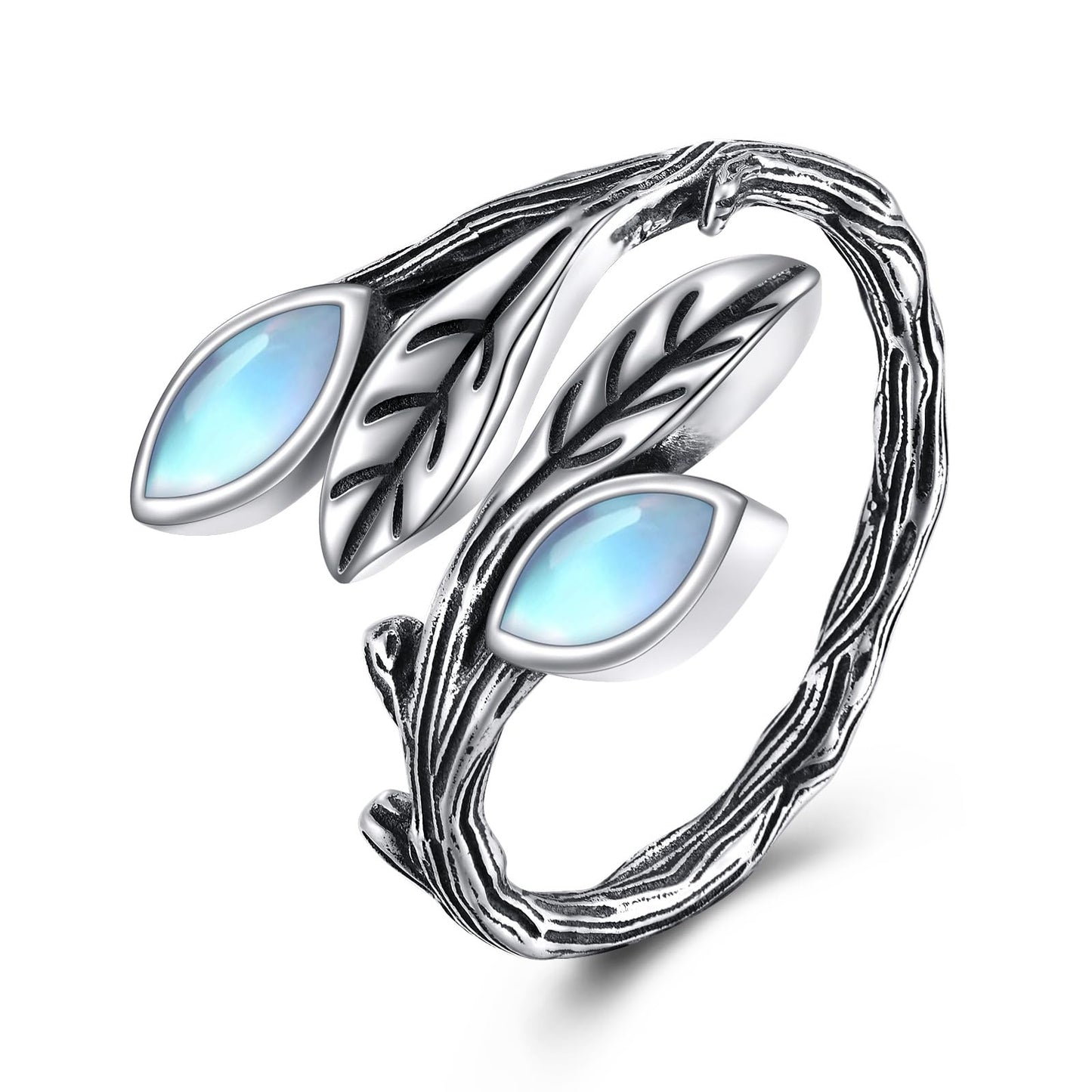 POPLYKE Leaf Moonstone Ring Sterling Silver Boho Adjustable Open Ring Gemstone Spoon Ring Vintage Thumb Rings for Women