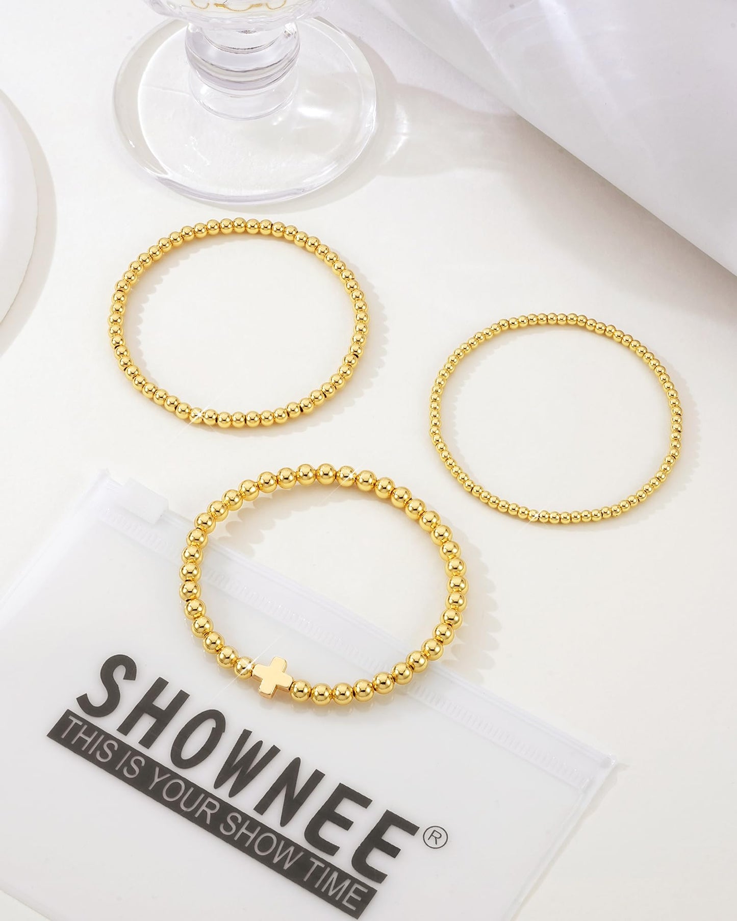 shownee Gold Bracelets for Women - 18K Gold Beaded Bracelets Stack Strand Bead Ball Bracelet No Tarnish Stackable Jewelry Set for Mother's Day Birthday 6.8 inch Small Graduation Gift for Her