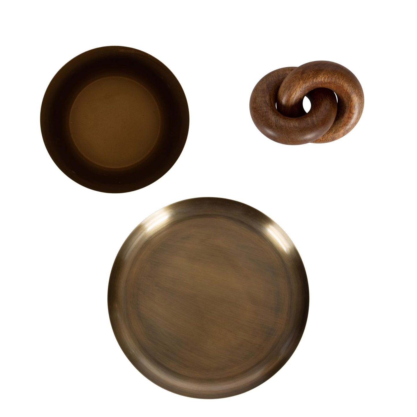Kate and Laurel Anaya Wooden Three-Piece Decor Accent Set, Walnut Brown and Antique Brass, Set of 3, Modern Tabletop Decor Set Including Planter Pot, Accent Tray, and Wooden Knot