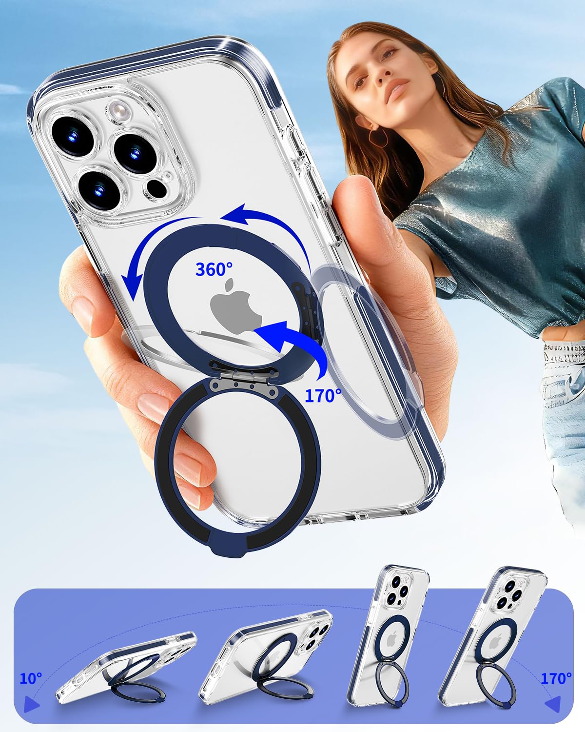 DecaStars Magnetic for iPhone 15 Pro Max Case with 360 Spin Stand [Compatible with MagSafe] [Military-Grade Protection] [Detachable Strip] Anti-Yellowing Slim Case for iPhone 15 Pro Max 6.7", Blue