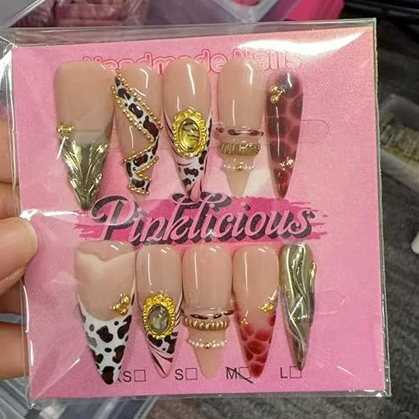 Pinktlicious Handmade Nude Stiletto Press On Nails - Neutral French Tip Glue On Nails with Gold Accents, Reusable Salon-Quality Fake Nails for Women (M)