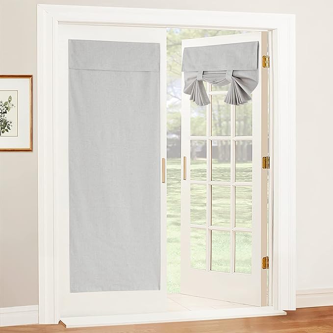 RYB HOME 100% Blackout Tricia Door Curtains, Linen Textured Blend Thermal Insulating Privacy French Door Window Tie Up Shades Sidelight Curtains for Kitchen, W 26 x L 72 inches, Light Grey, 1 Panel