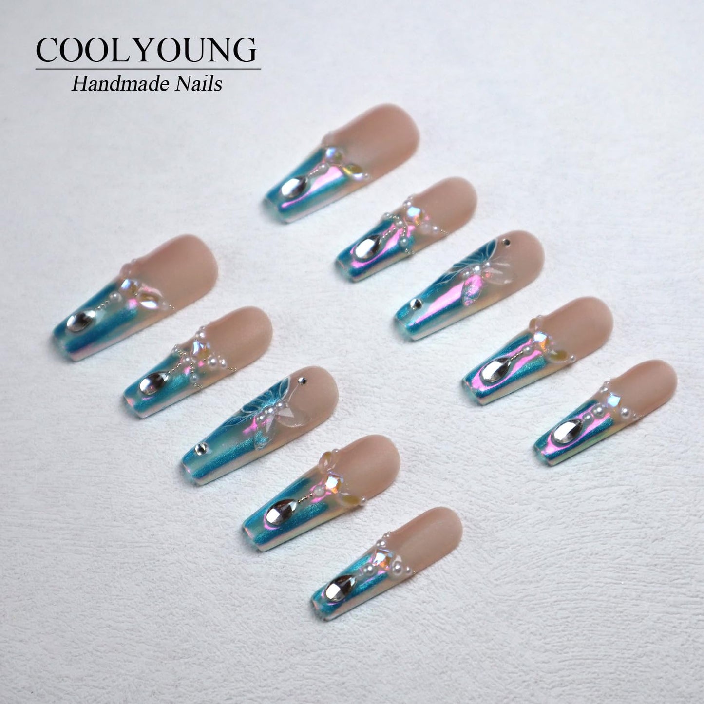 Homemade Nails Coffin Nails Press Ons 3D Press On Nails Nails Press Ons Blue Press On Nails French Tip Press On Nails Medium Length Press On Nails Gifts For Women COOLYOUNG Nails, 10 PCS, Size L