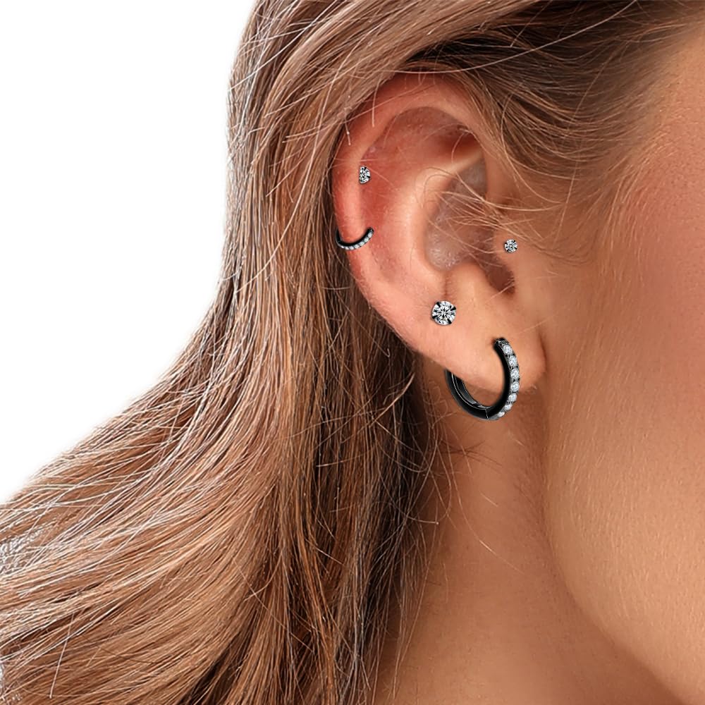 Black Hoop Earrings Sterling Silver Stud Earrings for Men Women 6 Pairs Hypoallergenic Tiny Cubic Zirconia Stud Set Cartilage Hoops 8mm 10mm 12mm