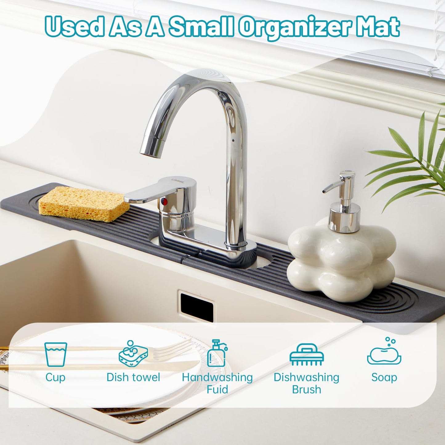 Stone Faucet Mat for Kitchen Sink with Oval Hole – 23.6" × 3.9" Diatomite Drying Stone Mat & Sink Protector, Quick-Dry Splash Guard Water-Absorbing Tray for Bathroom Counter（Dark Gray.23.6" x 3.9"）