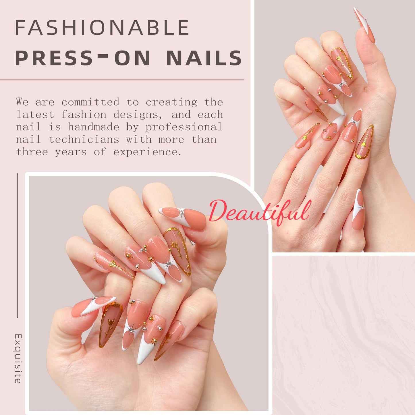 Luxury Long Stiletto Handmade Press-On Nails – Nude Almond Acrylic False Nails with 3D Rhinestones & White French False Nails – Reusable Nail Art(10PCS-S)