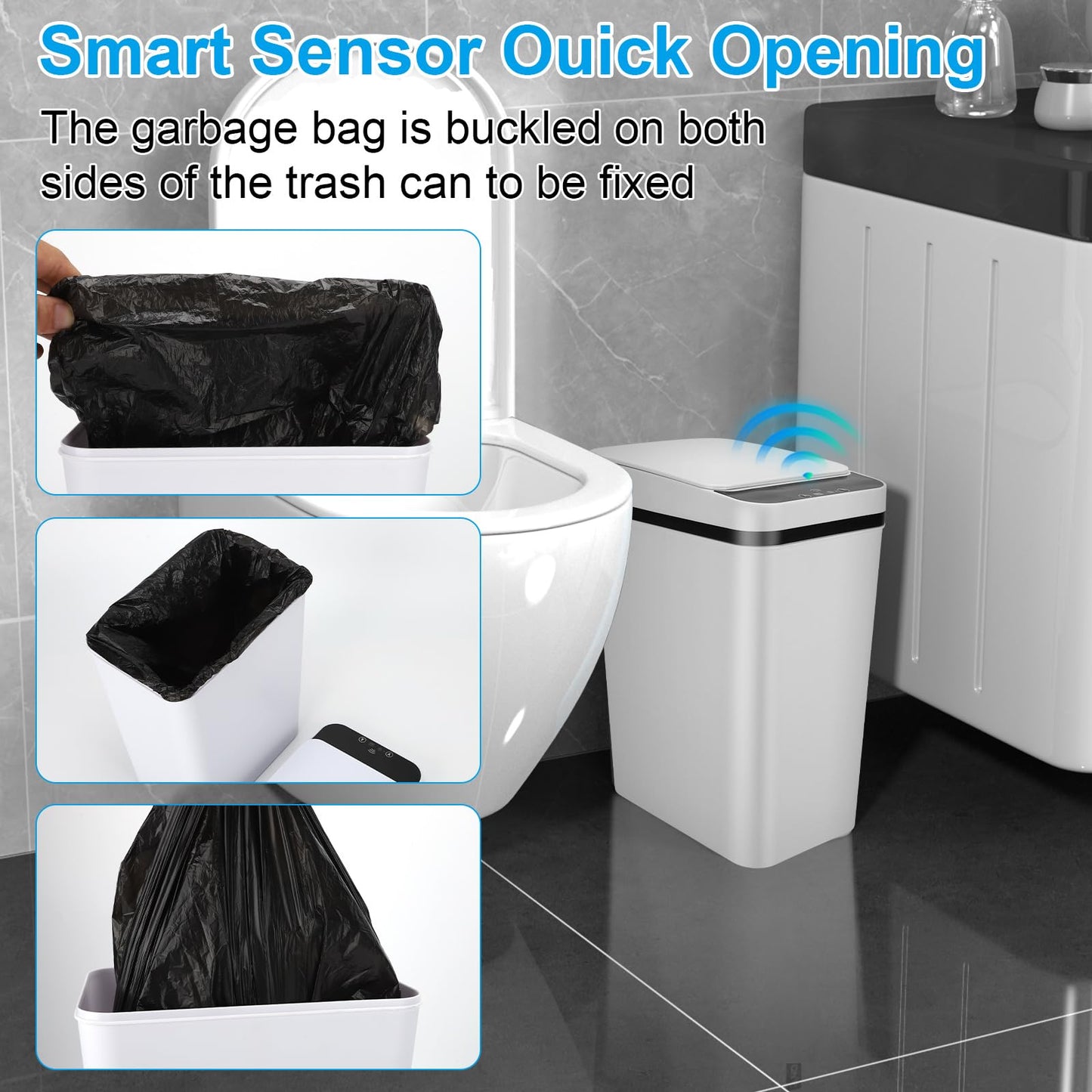 QSFWCSM 2 Pack Bathroom Trash can,Smart Touchless Trash Can,Automatic Motion Sensor Trash Bin with Lid,2.4 Gallon Garbage Can, Kitchen, Bathroom, Office, Bedroom Trash can (White+White)