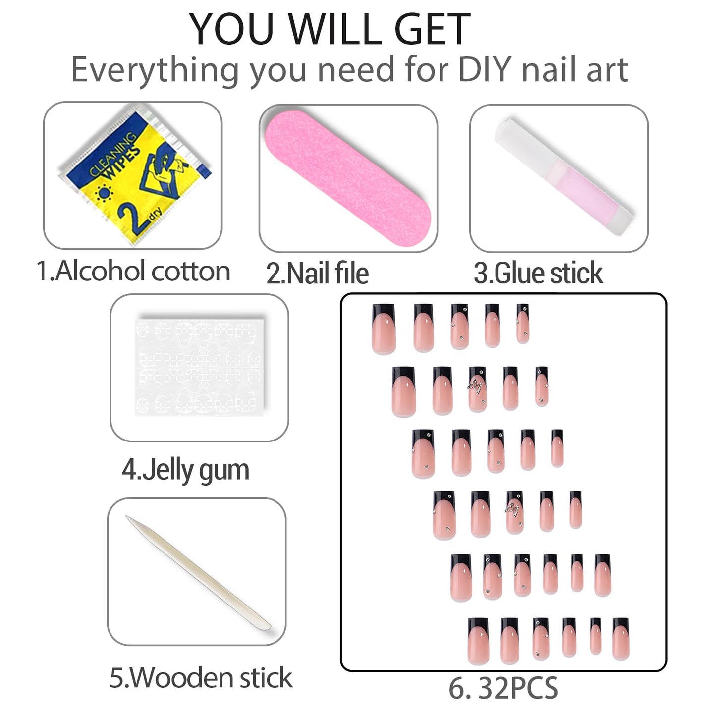 WAFOLOZE Black French Tip Press On Nails - Long Square Fake Nails With Glue, 16 Sizes - 32Pcs False Tips Kit, Stick On Artificial Nails for Women