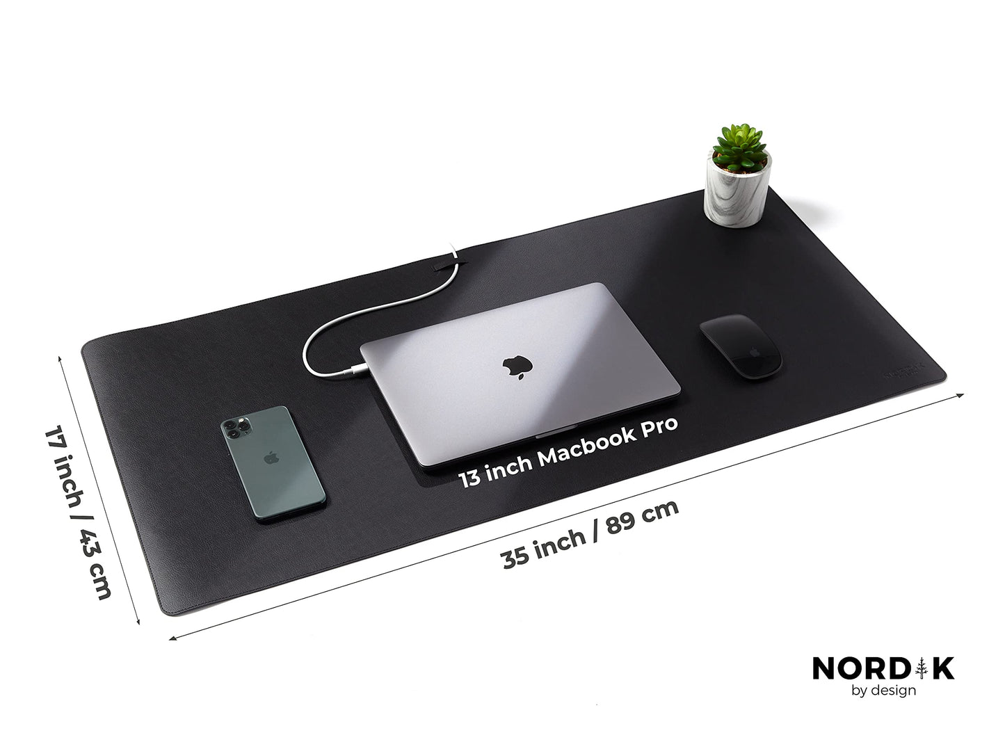 Nordik Leather Desk Mat Cable Organizer - Pebble Black 35 X 17 inch - Premium Mouse Mat - Felt Vegan Leather Desk Pad Protector - Desk Blotter Matt Keyboard - Large Desk Matt for Desktop Computer