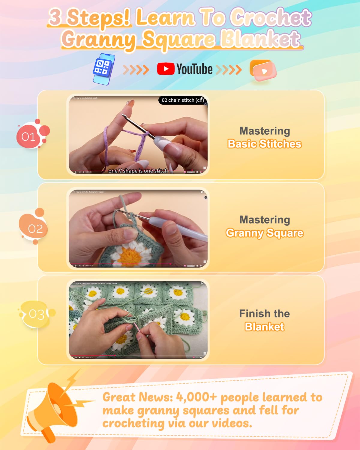 Coopay Crochet Kit for Beginners, Crochet Starter Kit for Blanket, Granny Squares Video Instructions, Easy to Learn Knitting for Beginner