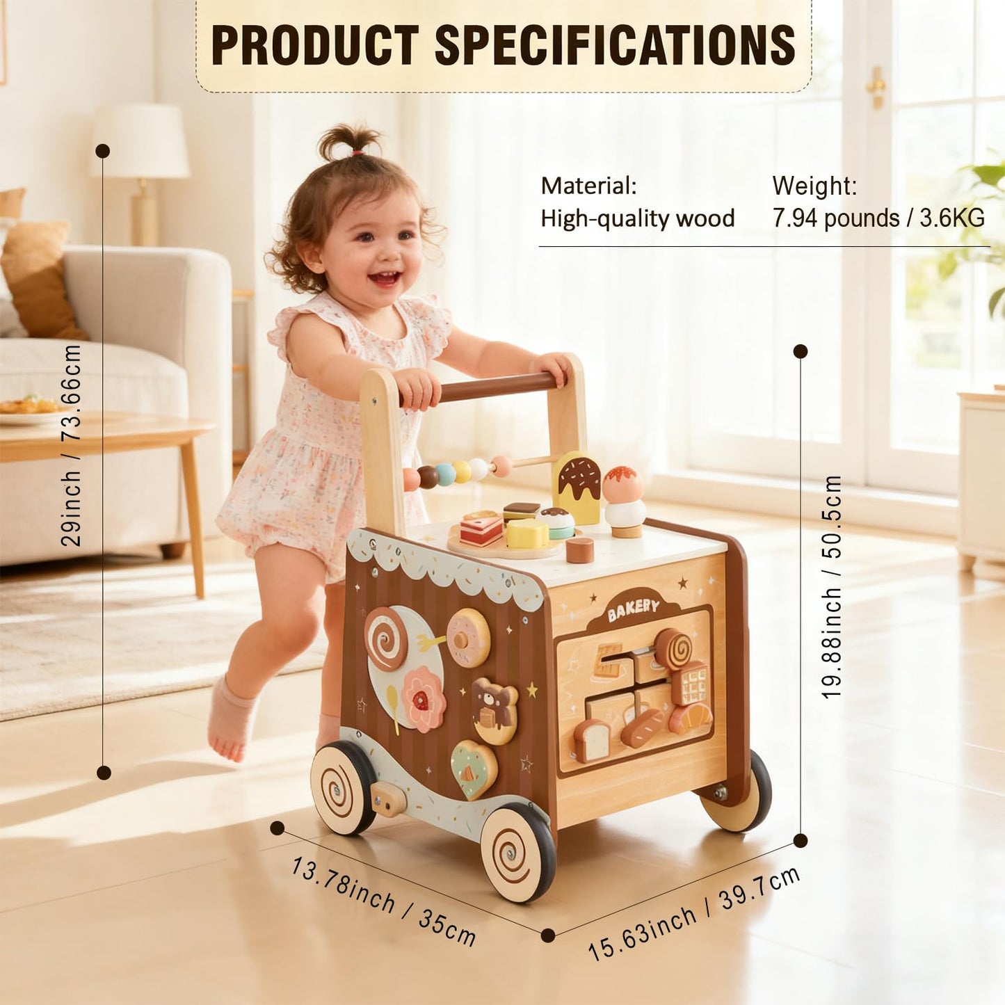 Wooden Baby Walker Push Walker with Adjustable Speed, Montessori Bakery Toy Walker with Coffee Machine & Play Food for 1 Year Old, First Birthday Gift