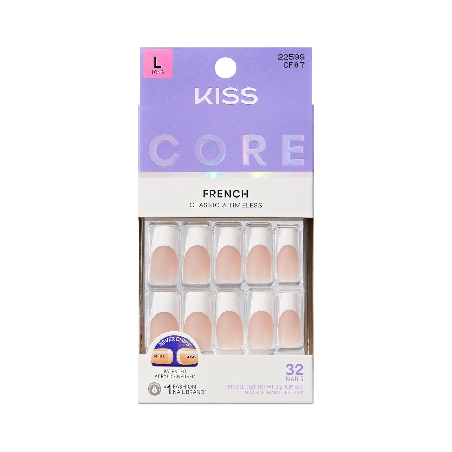 Kiss Core, Press On Nails, Nail glue included, 'Every Minute', White, Long Size, Square Shape, Includes 32 Nails, 2g Glue, 1 Manicure Stick, 1 Mini File
