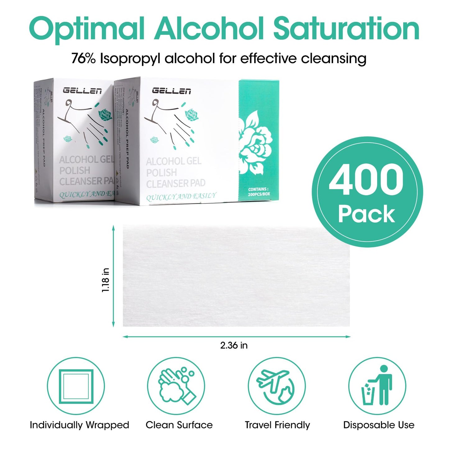 Gellen 400 Pack Nail Prep Cleanser Pads, Alcohol Pads for Nails, Individually Wrapped Nail Prep Pads, Lint-free Tacky Layer Residue Wipes for Acrylic & Builder Gel Polish Press-ons