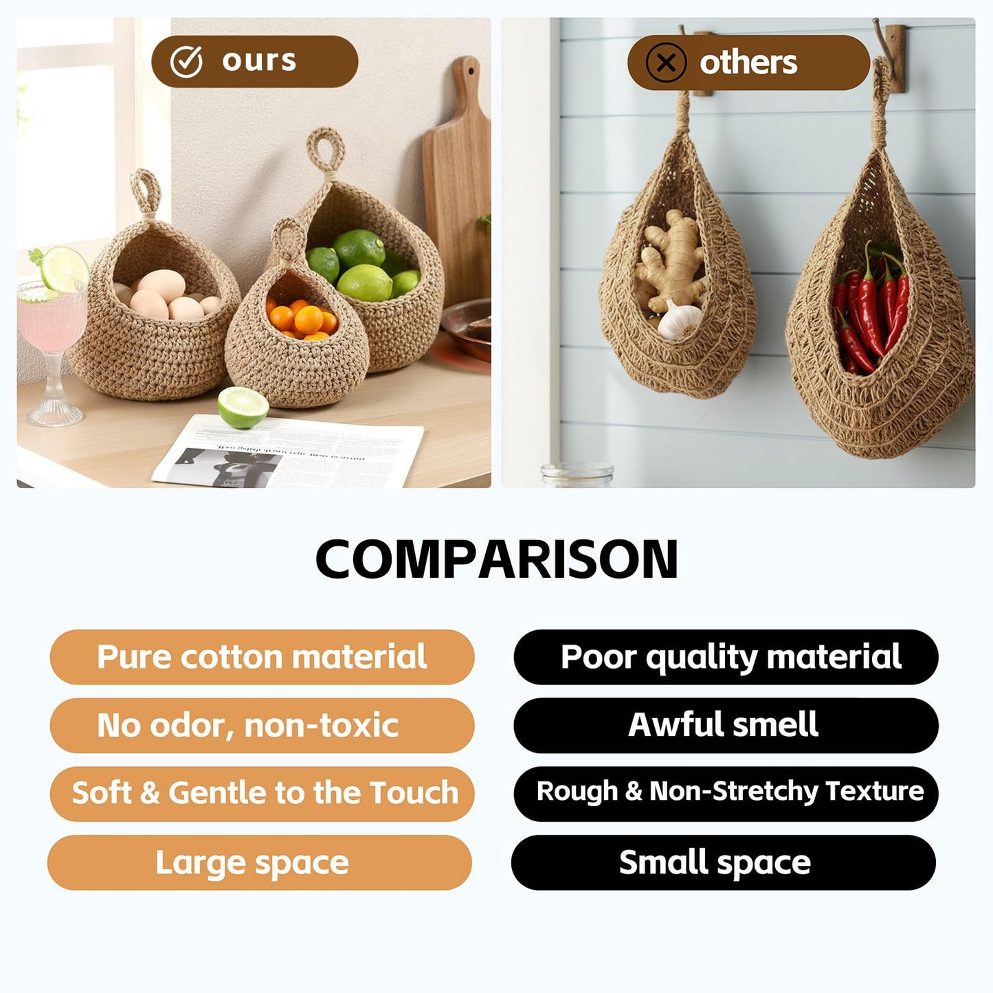 Hanging Storage Baskets Boho Decor Set of 3, Handmade Cotton Rope Wall-Mounted Fruit & Vegetable Baskets, Decorative Hanging Organizers for Kitchen, Entryway, Bathroom & Bedroom