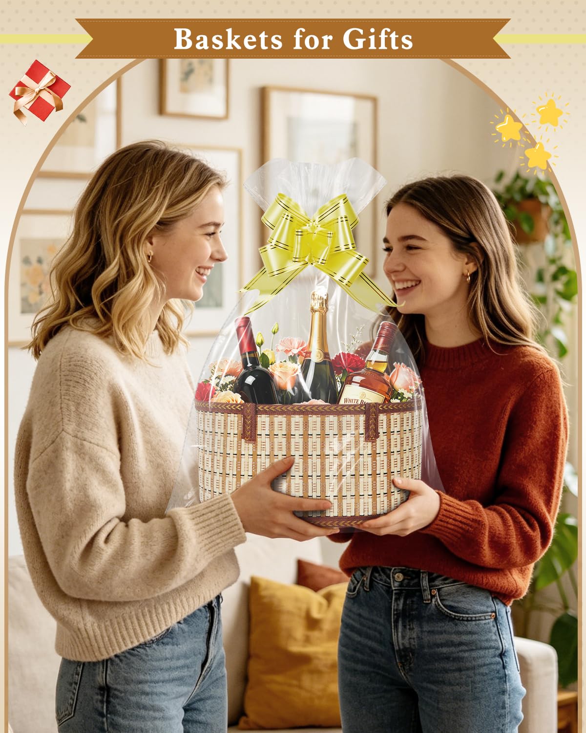 2 Set Baskets for Gifts Empty, Woven Bamboo Gift Basket Kit with Handles, Foldable Empty Gift Baskets to Fill with Wrap Bags, Pull Bows, Cards & Raffia for Baby Baptisms, Father's Day, Housewarming