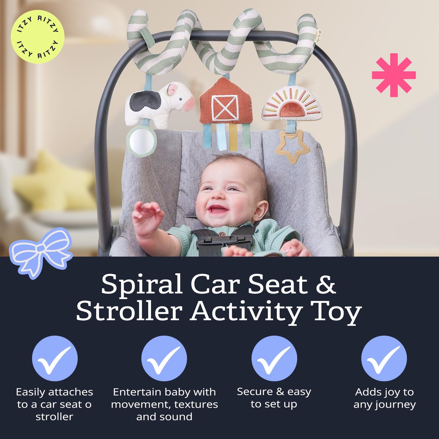 Itzy Ritzy Spiral Car Seat & Stroller Activity Toy - Stroller & Car Seat Toys for Ages 0 Months and Up - Hanging Toys Include Dangling Ring, Mirror and Textured Ribbons (Farm)