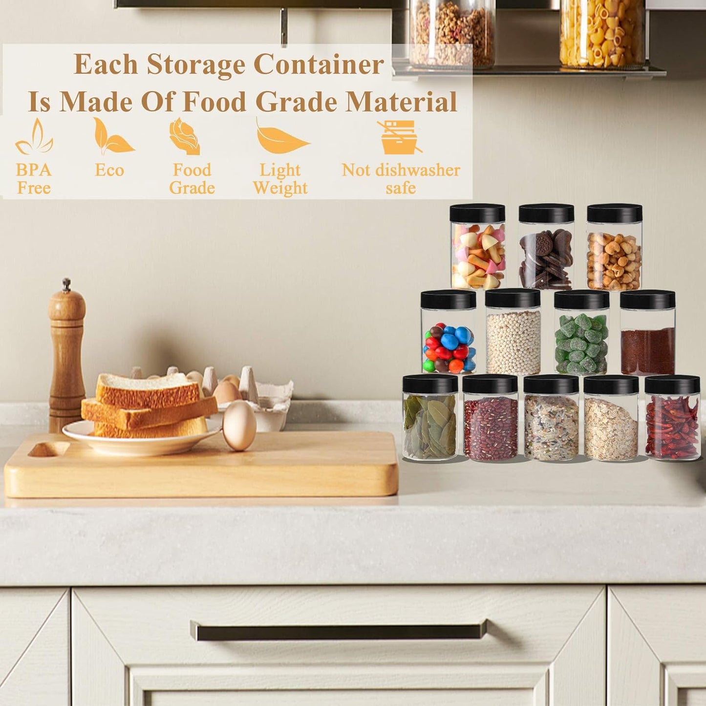 Hajoyful Plastic Jars with Lids Empty Slime Cosmetics Containers Clear Gift Food Jars Round PET Cream Jar with Black Lids Pen Labels for Kitchen Storage Spices Dry Food Body Butter Making(8OZ 32PCS)