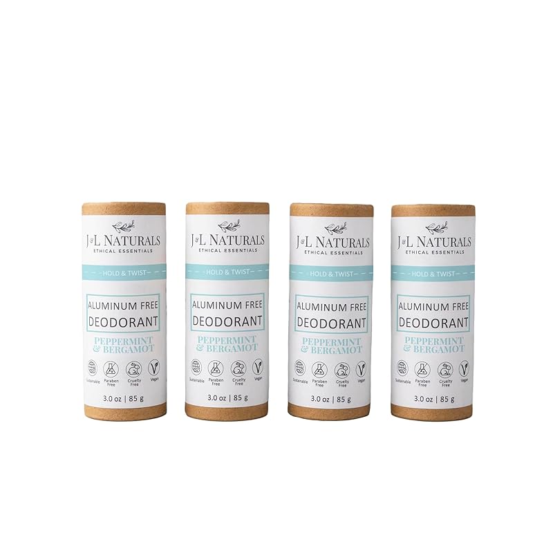 J&L Naturals Aluminum Free Deodorant for Men & Women | 100% Natural Ingredients With Coconut Oil, Shea Butter, & Essential Oils | Sustainable, Eco-Friendly (Peppermint & Bergamot, 3.0 Oz (Pack of 4))