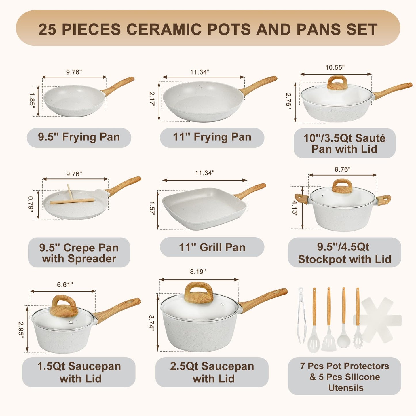 EWFEN Nonstick Pots and Pans Set, 25-Piece Ceramic Cookware Set, Induction Kitchen Cooking Set with Frying Pans Saucepans & Utensils, Healthy Non-toxic, PFAS/PTFE/PFOA Free, White