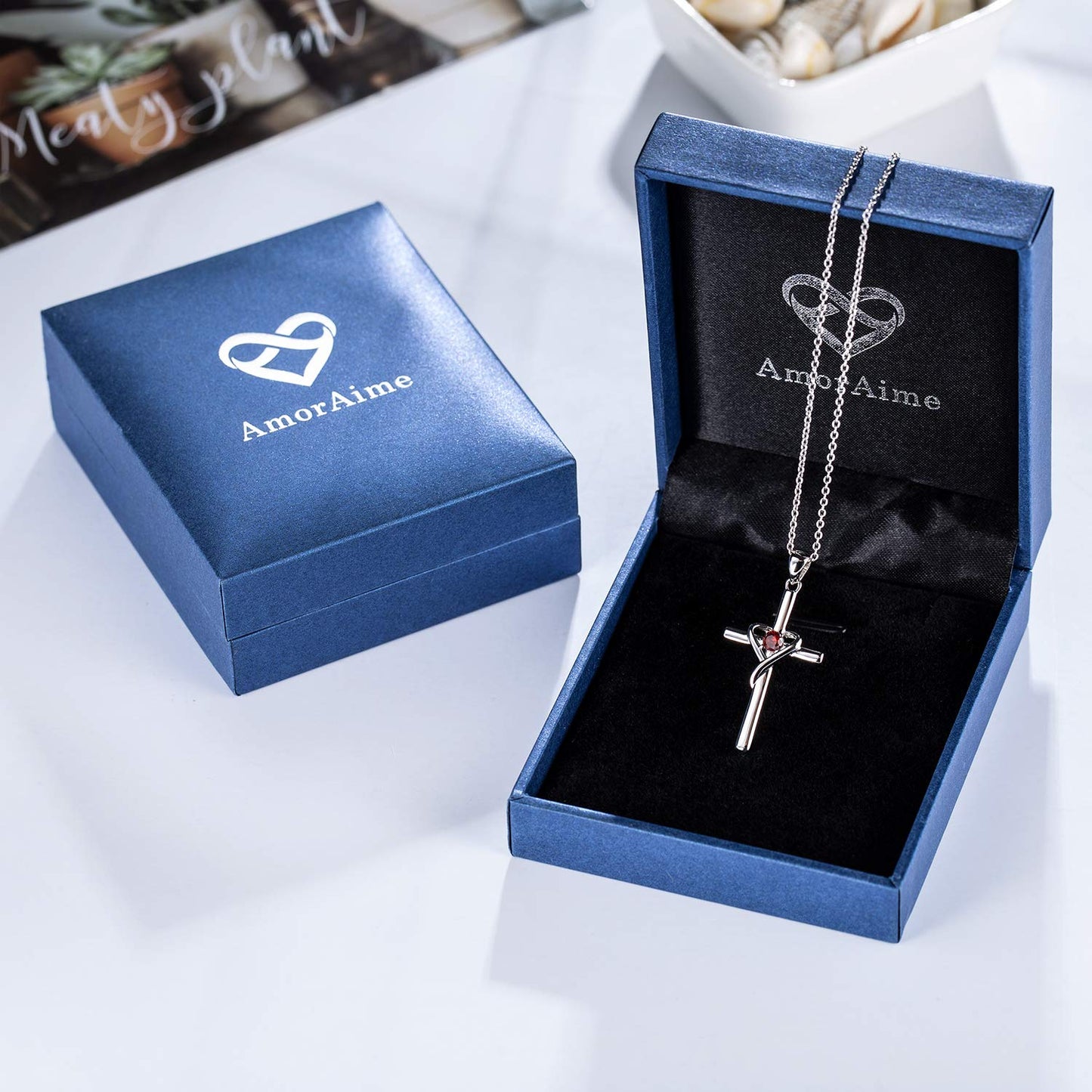 AmorAime 925 Sterling Silver Cross Necklace for Women Men 14K Gold Plated 5A CZ Birthstone Necklaces for Holiday (G.Dark Red-July-Ruby)