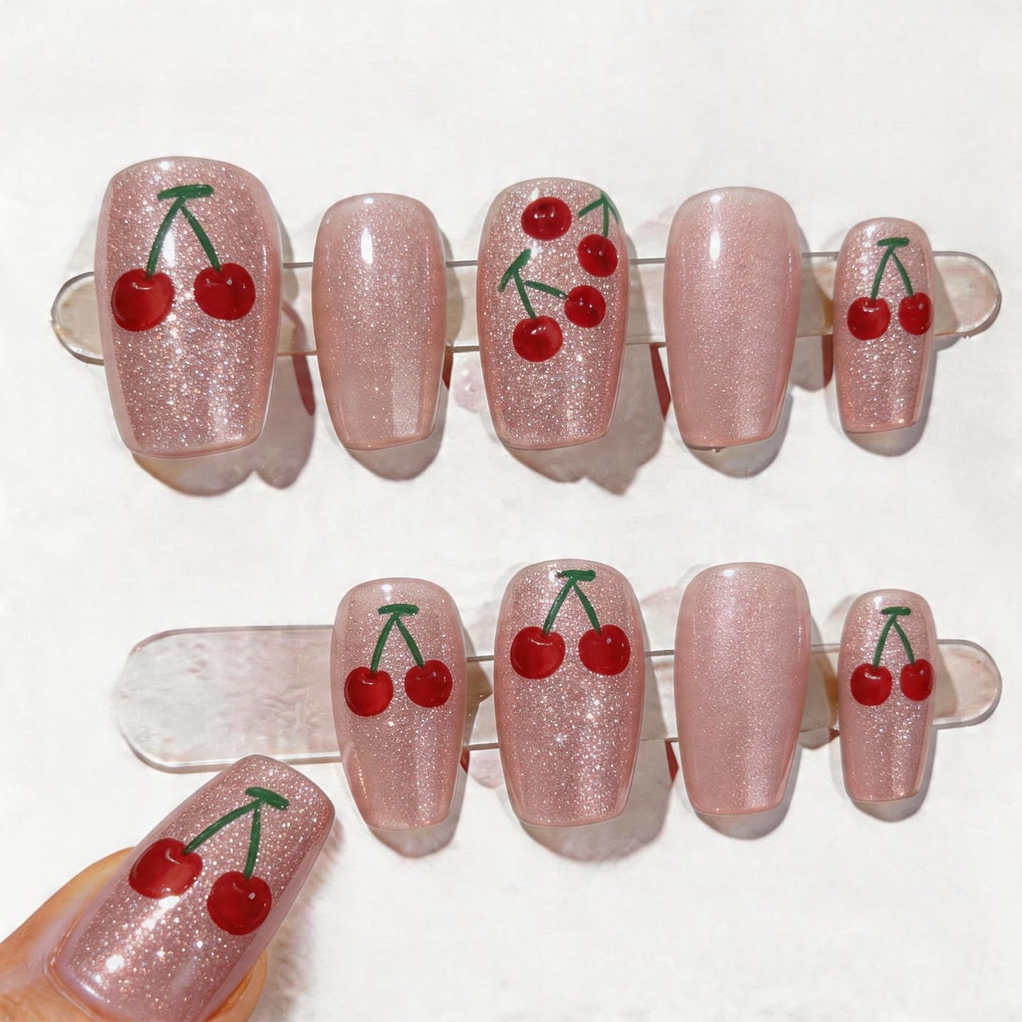 DANNEASY 10PCS Handmade Cherry Press on Nails - 3D Cat Eye Fake Nails, Medium Short Square False Nails, Acrylic Press ons for Women Nail Art Accessories Supplies