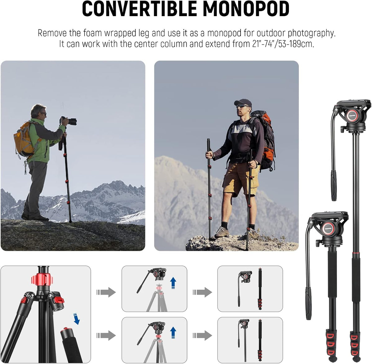 NEEWER 72" Fluid Head Video Tripod Monopod, Aluminum Alloy QR Plate Compatible with DJI RS Gimbal, 360° Pan & +90°/-70° Tilt for DSLR Camera Camcorder, Max Load 13.2lb/6kg, TP72A