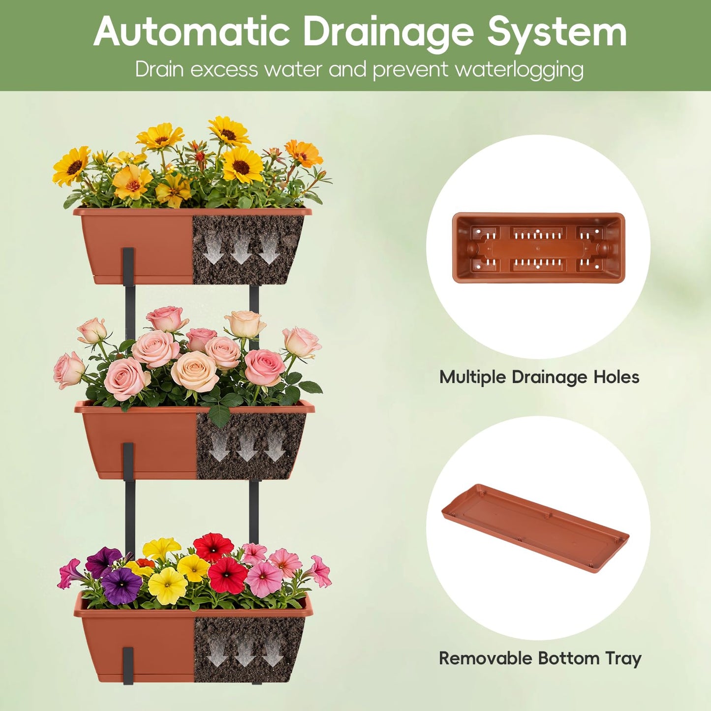 OYEAL Railing Planter Box Window Boxes Planters with Adjustable Brackets Balcony Fence Hanging Flower Planters for Patio, Deck, Porch Railing, Brick Red