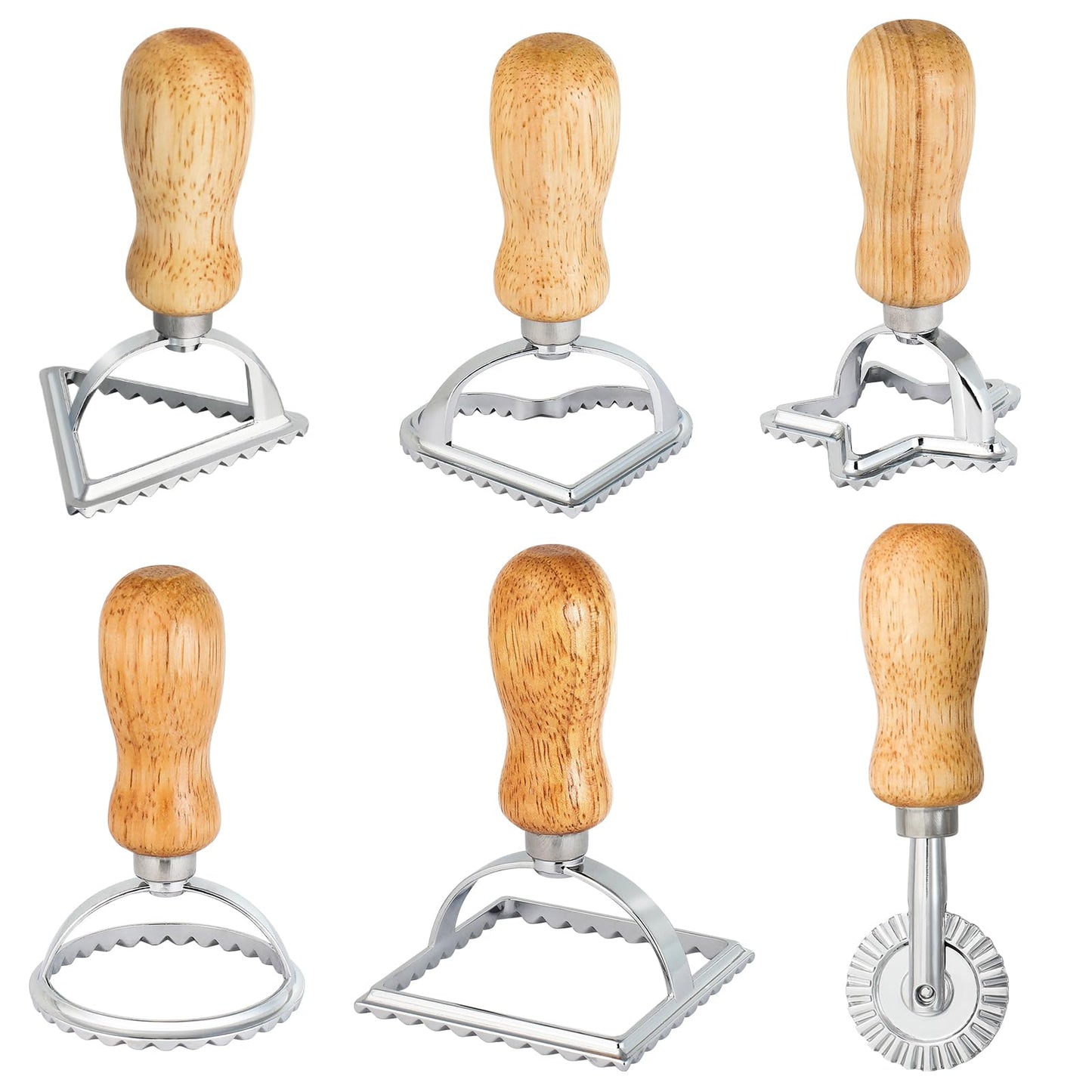 6PCS Ravioli Stamp Maker Cutter,Roller Wheel Included,Pasta Maker Mold with Wooden Handle and Fluted Edge,5 Different Shape Cutters,for Ravioli,Pasta,Dumplings Lasagna,Pierogi
